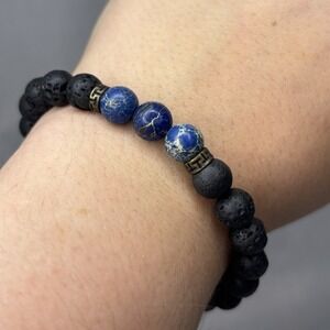 Womens Blue Jasper‎ Lava Bead Stretch Bracelet Boho